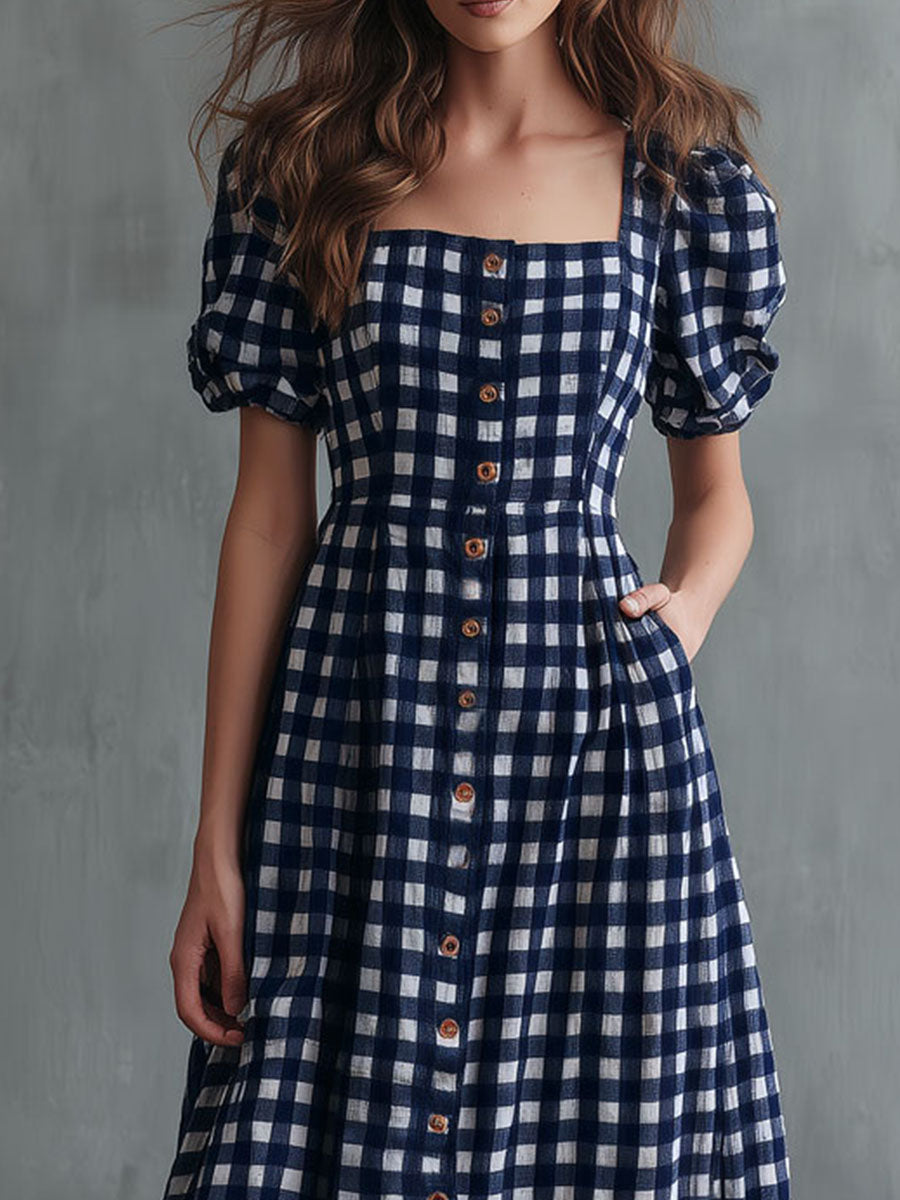 Boho Square Neck Navy Gingham Puff-Sleeve Midi Dress