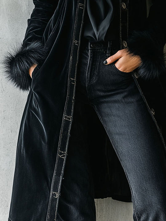 Elegant Tailoring Long Black Velvet Coat With Eco Fur Collar & Cuffs
