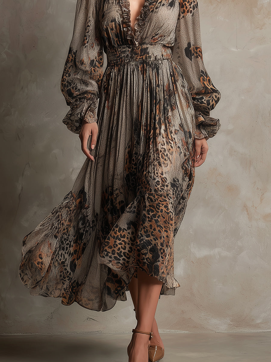 Bohemian Holiday Leopard Print Ruffle Neckline Chiffon Midi Dress