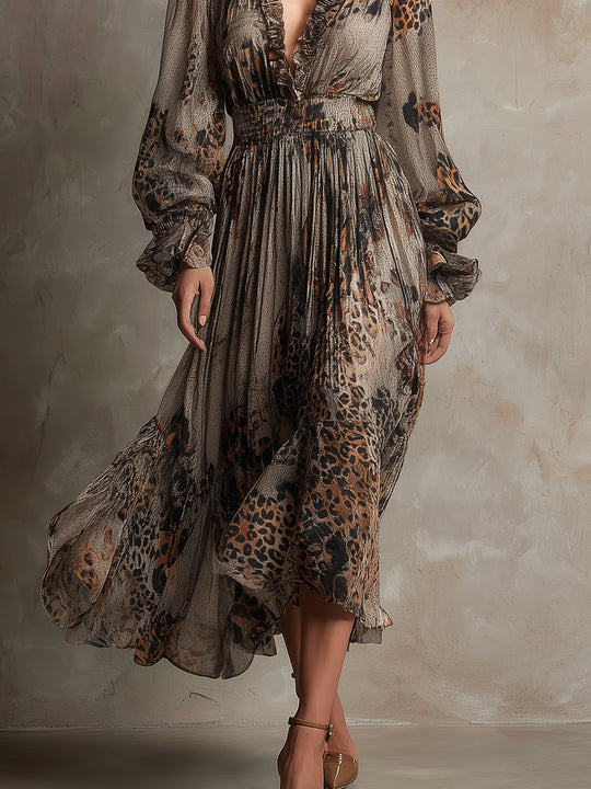 Bohemian Holiday Leopard Print Ruffle Neckline Chiffon Midi Dress