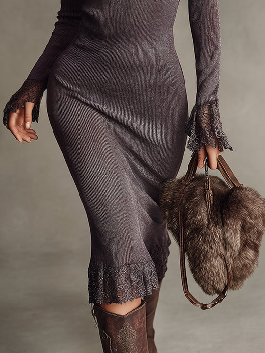 Vintage Faded Knit Midi Dress With Lace Trim