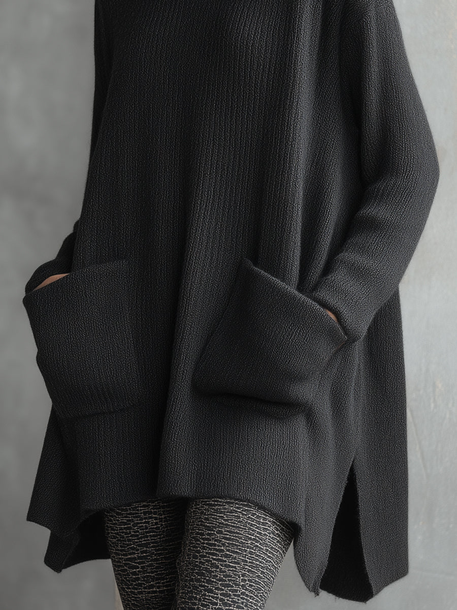 Vintage Wool Turtleneck High-low Sweater With Patch Pockets