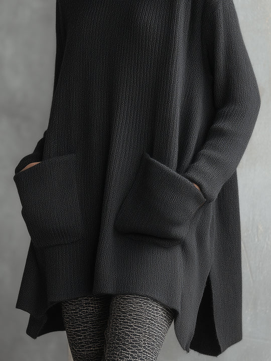 Vintage Wool Turtleneck High-low Sweater With Patch Pockets