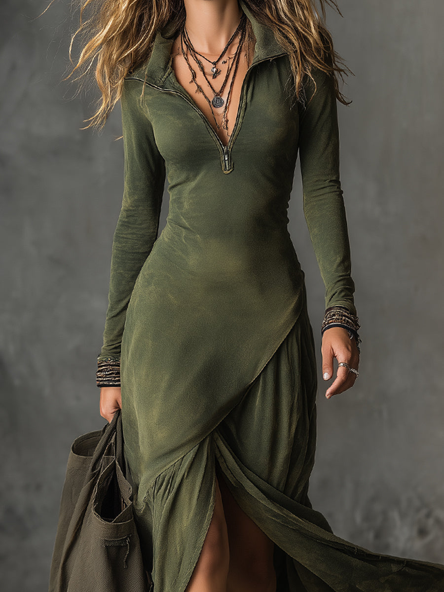 Bohemian Washed Cotton Half-zip Hem Slit Midi Dress