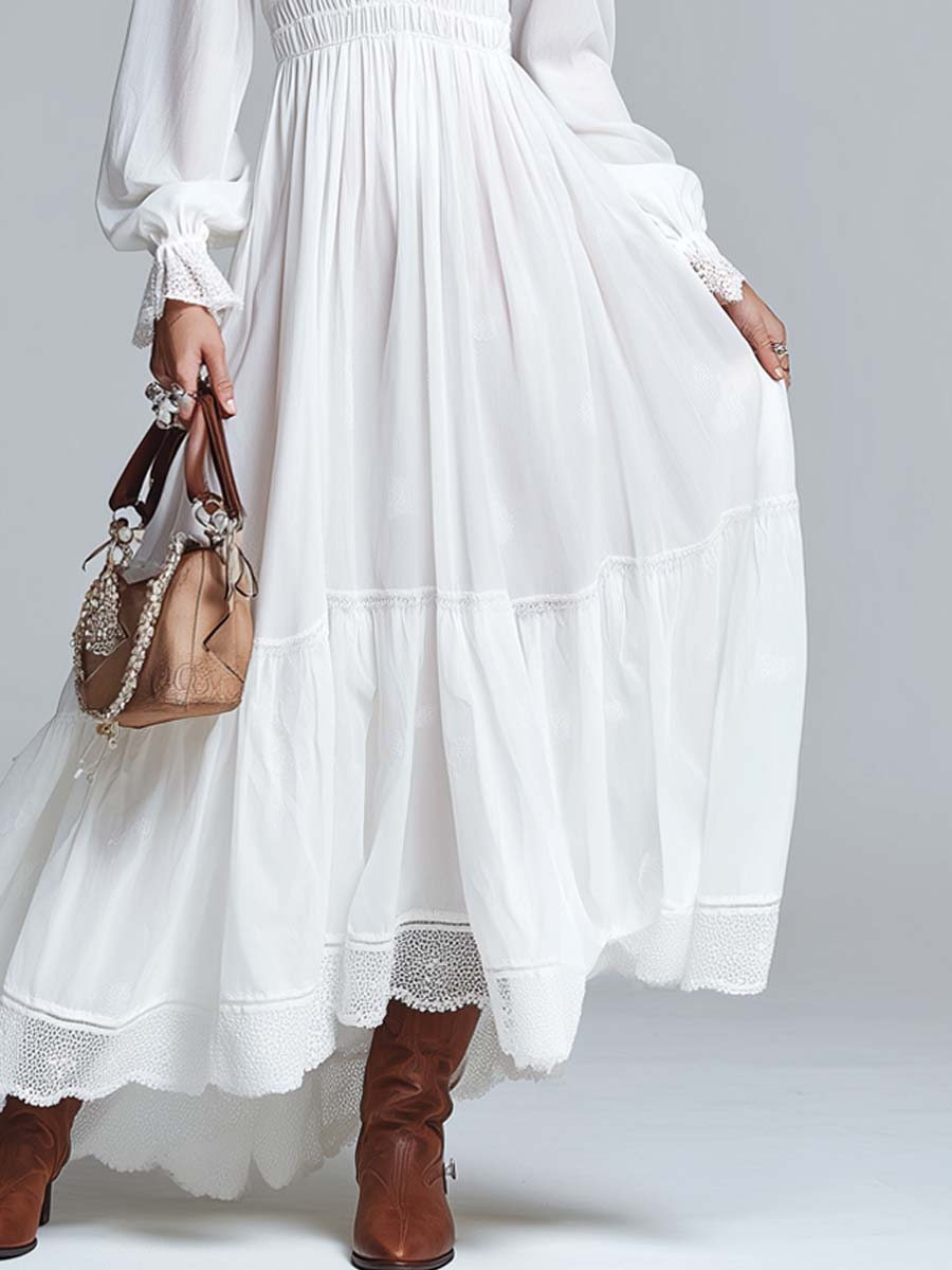 Retro Lace Trim Fitted Waist Midi Dress