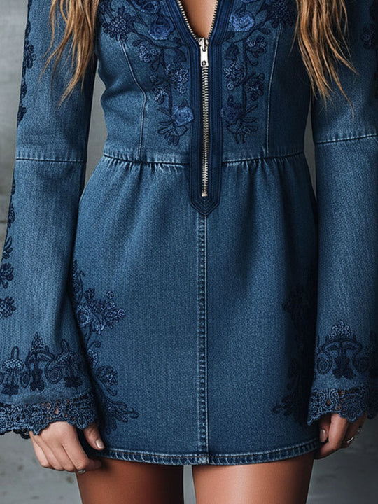 Boho Embroidered Zip Front Denim Mini Dress With Flared Lace Sleeves