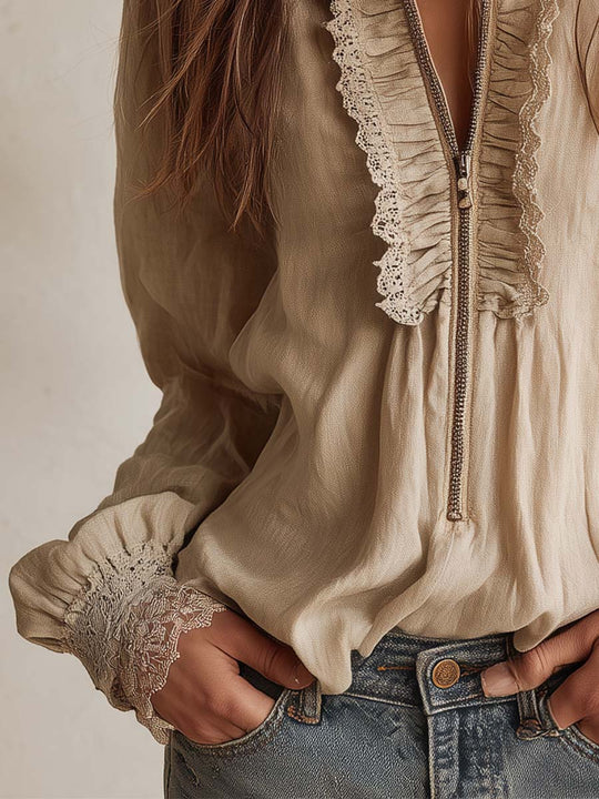 Victorian Ruffle Lace Zip Blouse