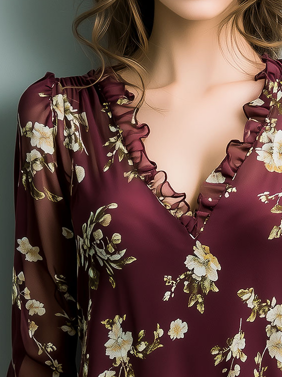 Ruffled Trim Floral Printed Chiffon Blouse