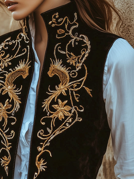 Chic Stand Collar Golden Embroidery Suede Vest