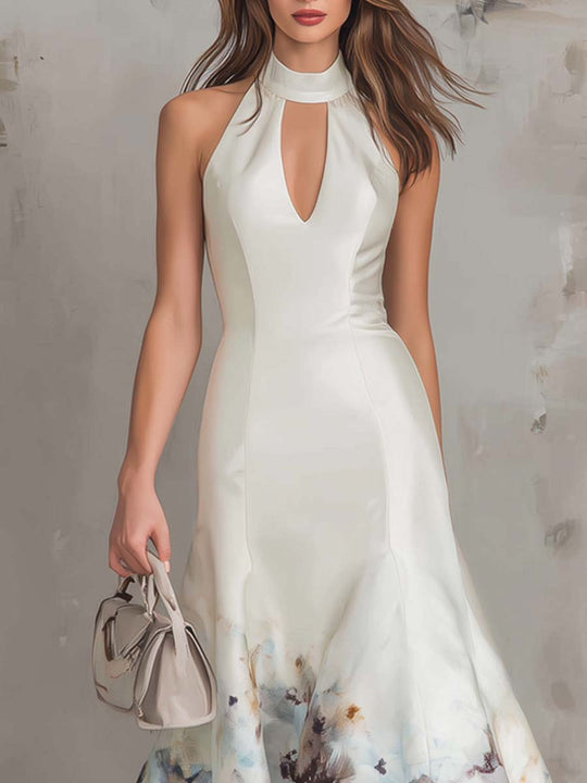 Retro Oil Painting Style Keyhole Neck Polyester Satin Midi Dress