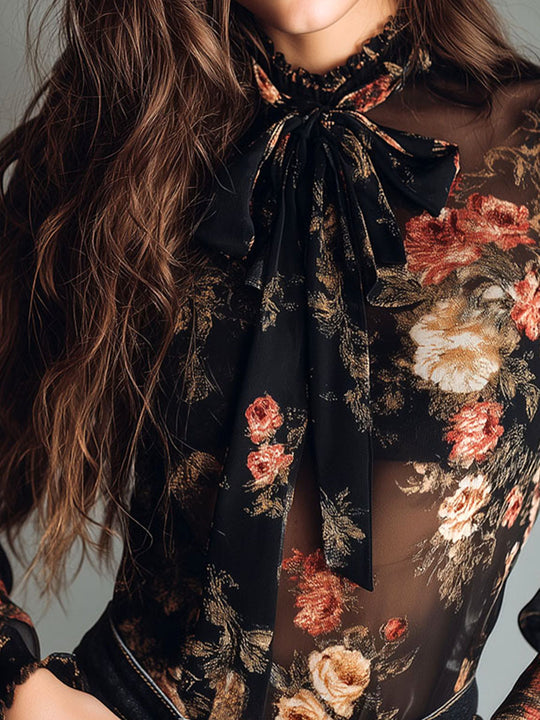 Vintage Black Sheer Chiffon Floral Tie Neck Blouse