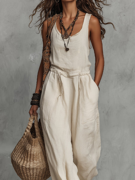 Bohemian Sleeveless Jumpsuit With Drawstring Waist