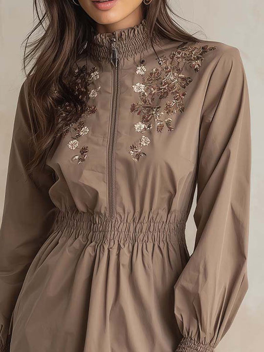 Embroidered High-Neck Zip Mini Dress