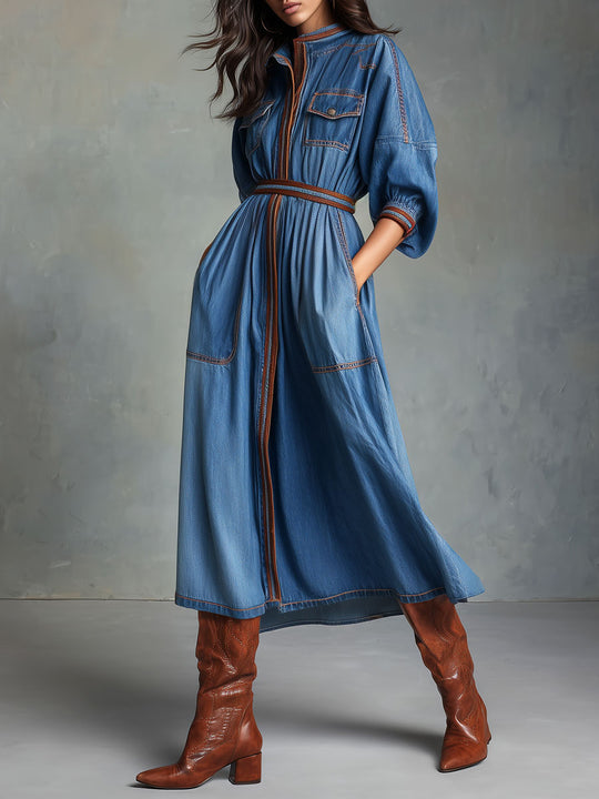 Belted Utility Denim Midi Shirt Dress With Contrast Stitching