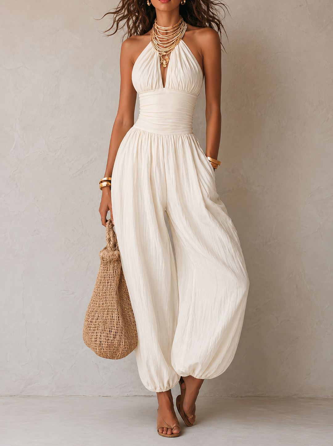 Bohemian Halter Keyhole Balloon-Leg Jumpsuit