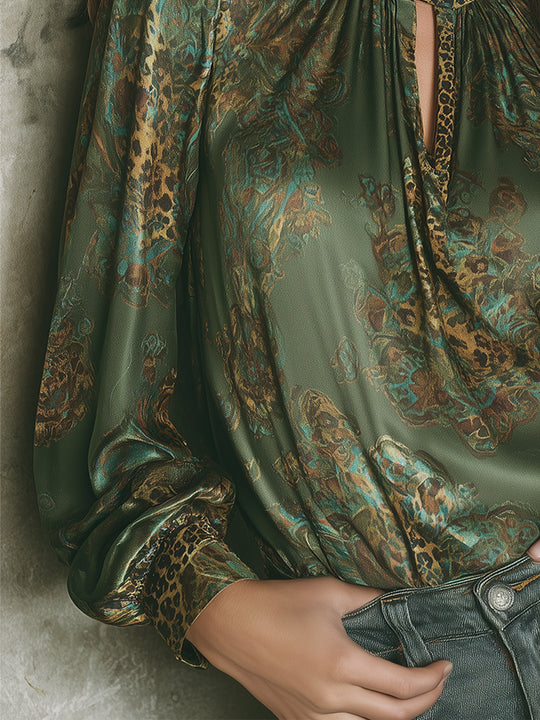 Elegant Leopard Print Satin Blouse With Keyhole Neckline