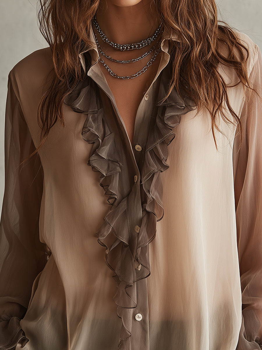 Retro Ruffle Neckline Bell Sleeves Chiffon Blouse