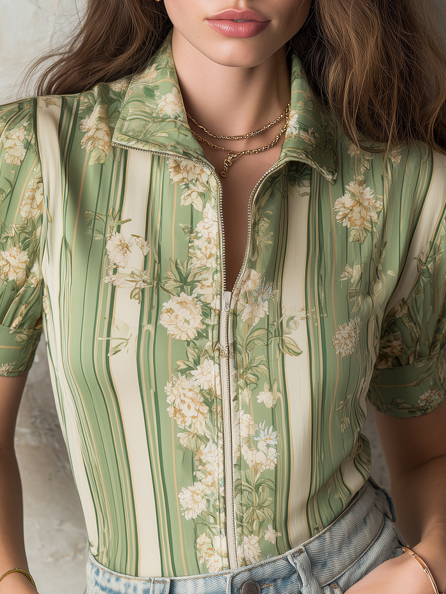 Striped Floral Print Short-sleeved Blouse With Front Zipper