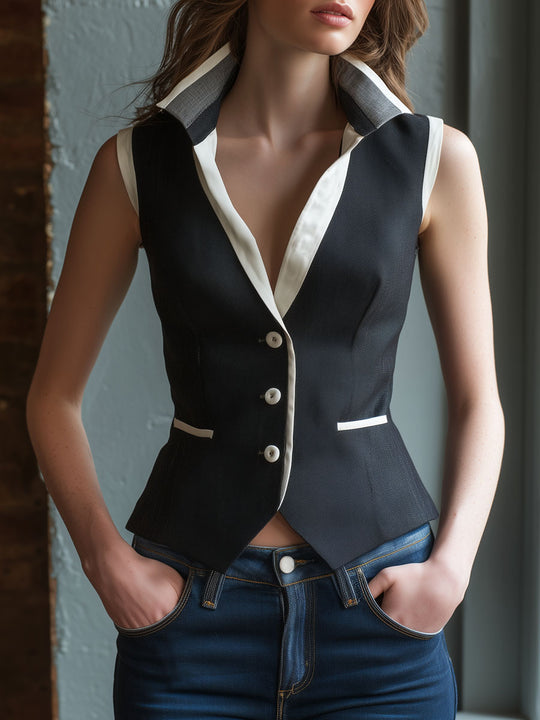 Sleek Black & White Contrast Button-Front Tailored Waistcoat