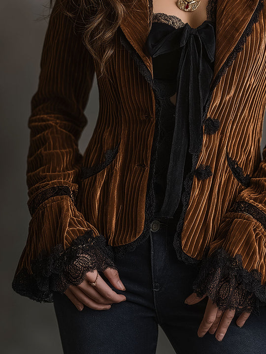 Vintage Luxe Amber Velvet Pleated Jacket With Black Lace Trim