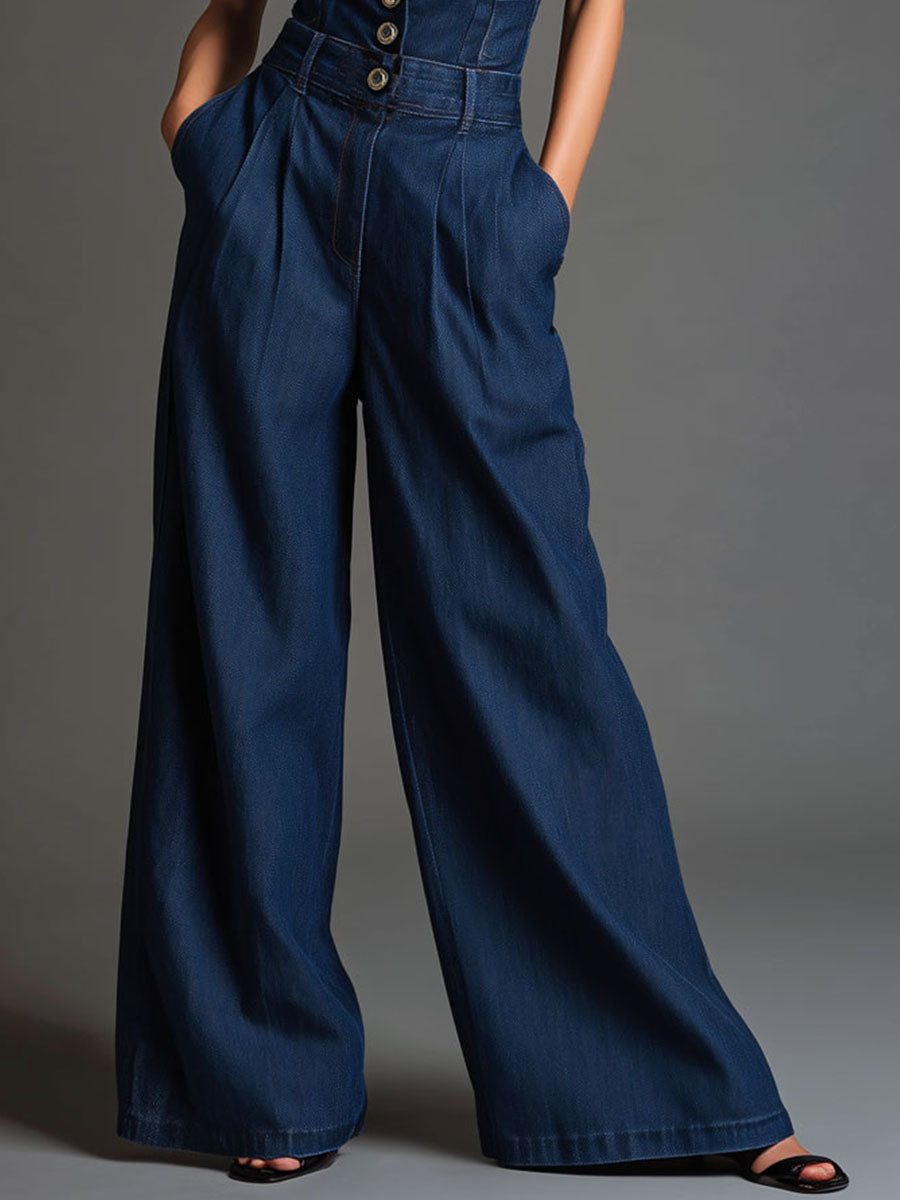 Retro Dark Denim Sleeveless High-Waist Wide-Leg Jumpsuits