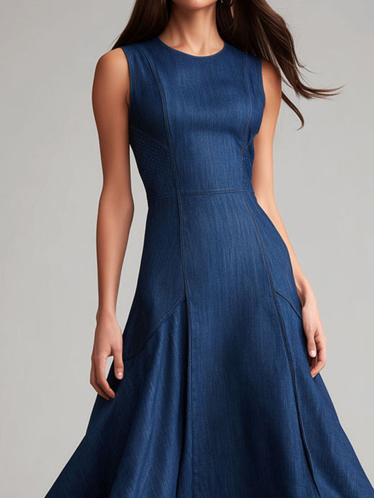 Vintage Denim Sleeveless High-Low Midi Dress