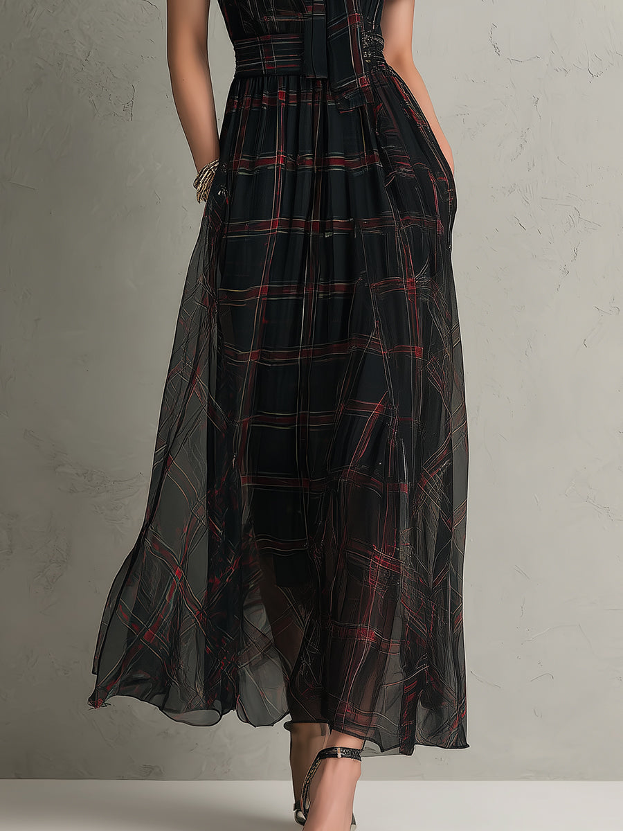 Vintage Plaid Tie Collar Chiffon Maxi Dress