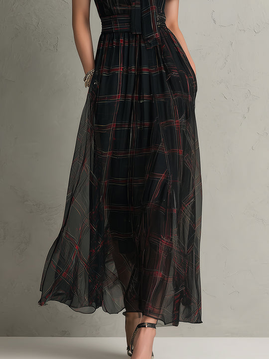 Vintage Plaid Tie Collar Chiffon Maxi Dress