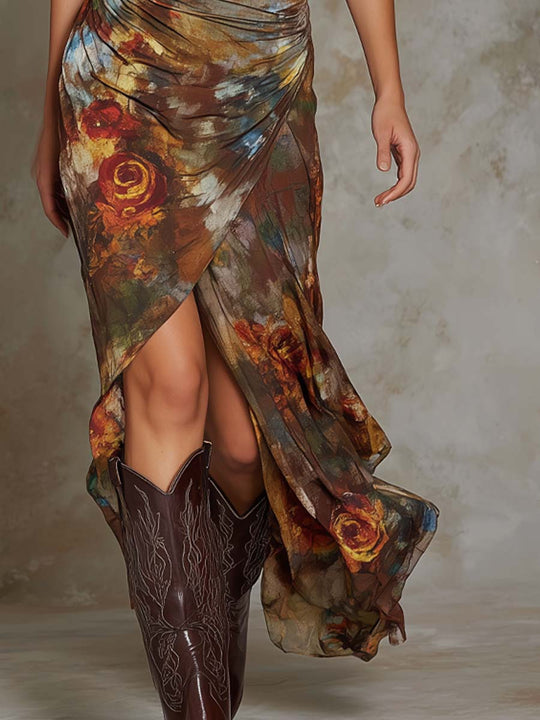 Retro Oil Painting Style Printed Drapped Midi Dress