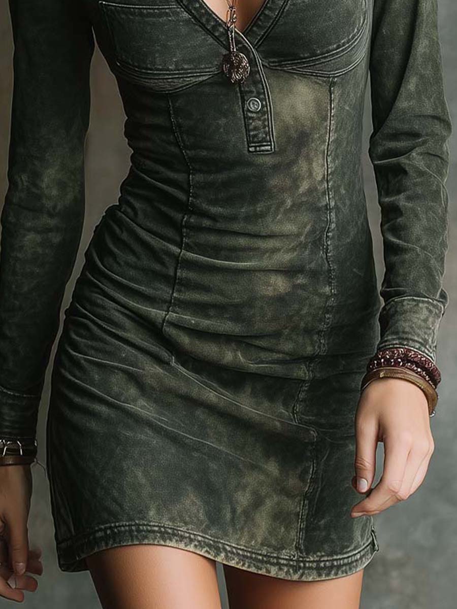 Washed Army-Green Fitted Denim Mini Dress