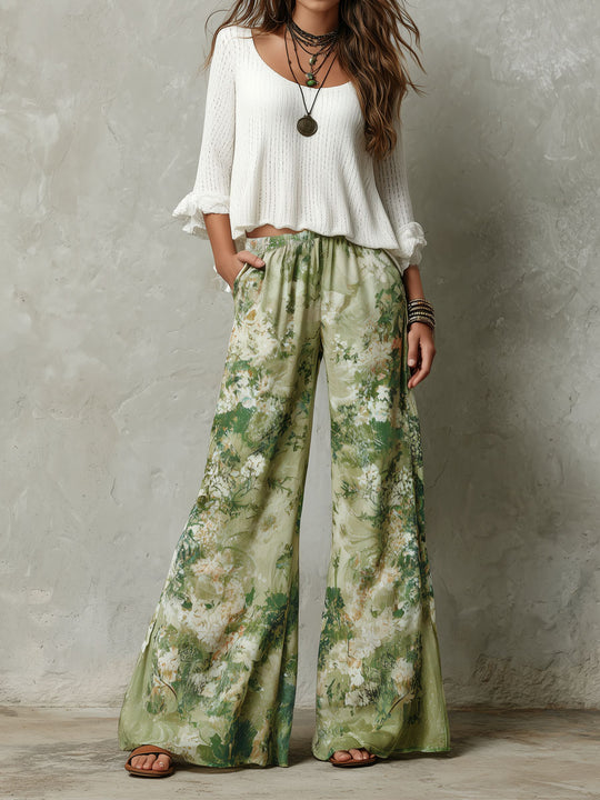 Boho Ivory Knit Top And Floral Wide-Leg Pants Set
