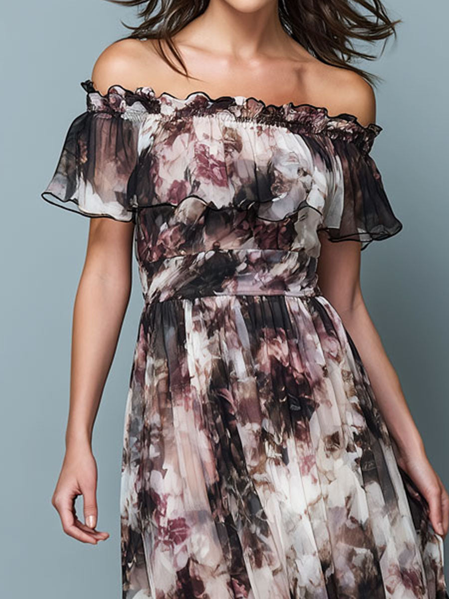 Boho Off-Shoulder Floral Chiffon Flowing Midi Dress With Ruffled Edge