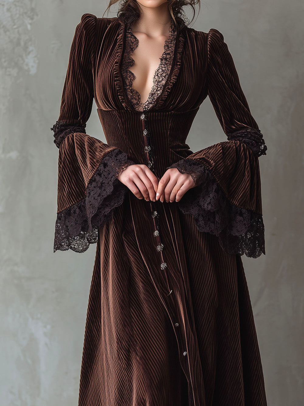 Vintage Chocolate Brown Velvet Flared Maxi Dress With Lace Cuffs