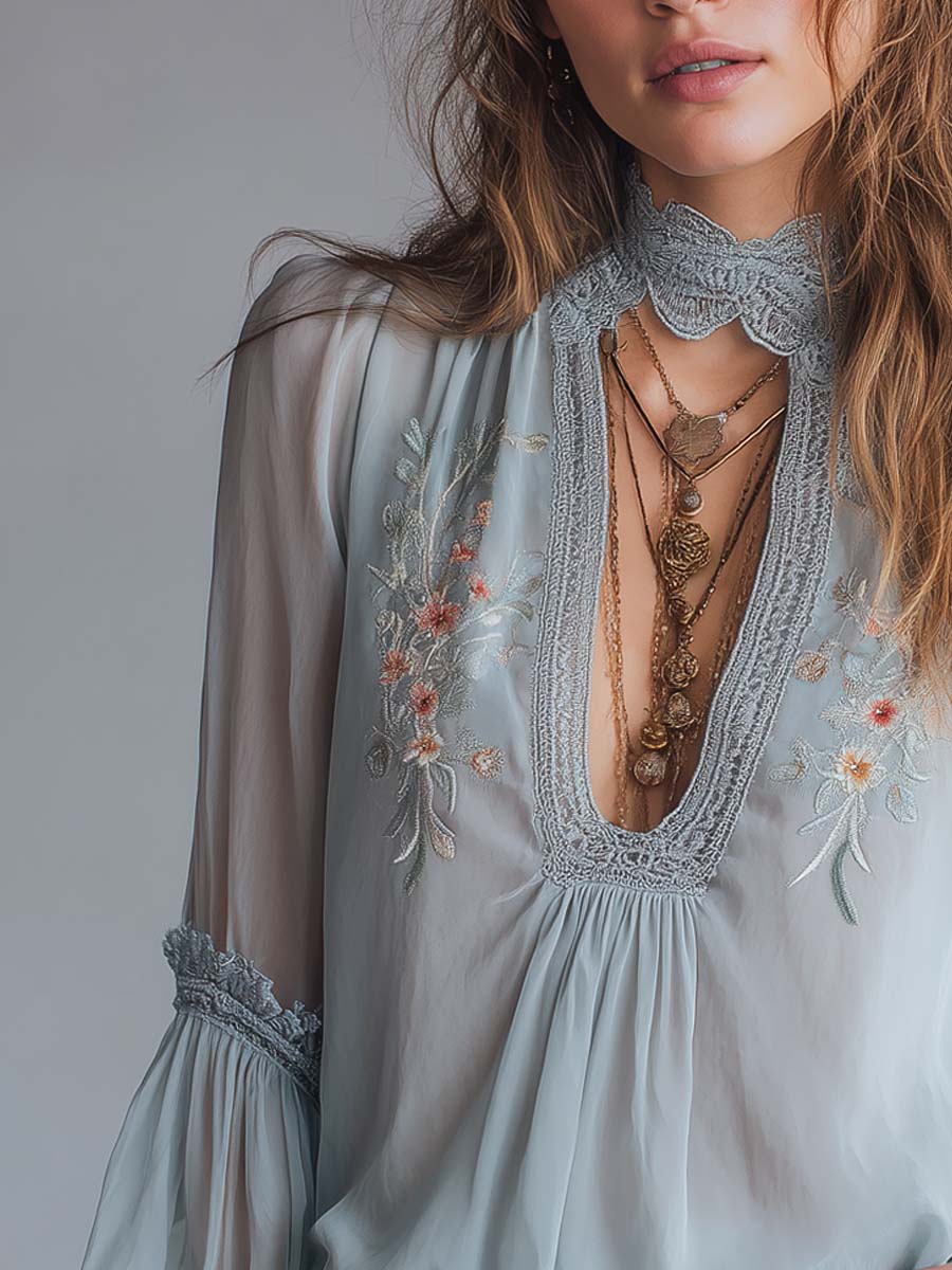 Retro Keyhole Neck Floral Embroidered Chiffon Blouse
