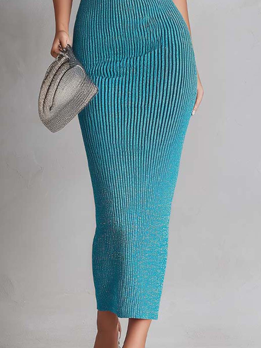 Metallic Ribbed Knit Slip Midi Dress