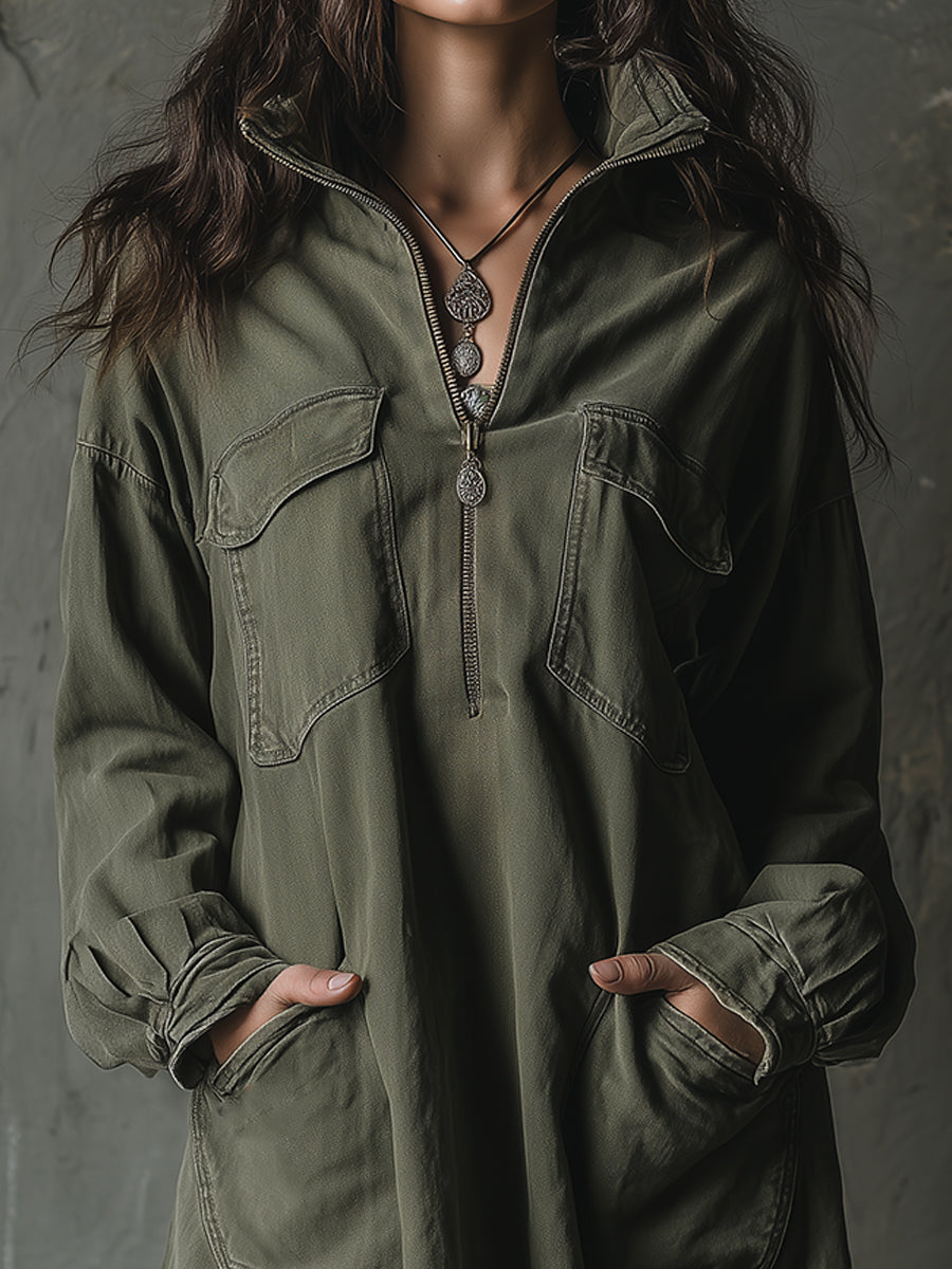 Bohemian Washed Half-zip Loose Denim Mini Dress