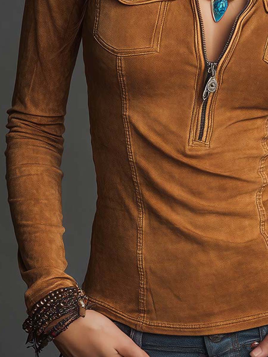 Washed Camel Cotton Denim Zip-Up Fitted Top With Utility Pockets