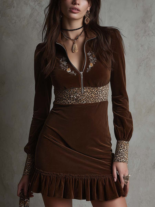 Velvet Embroidered Zip Dress With Leopard Trim