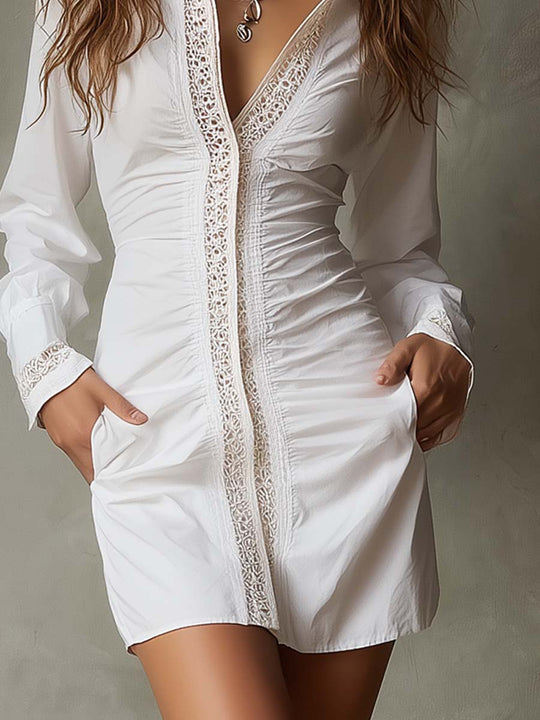 Retro Lace Placket Long-sleeved Mini Dress