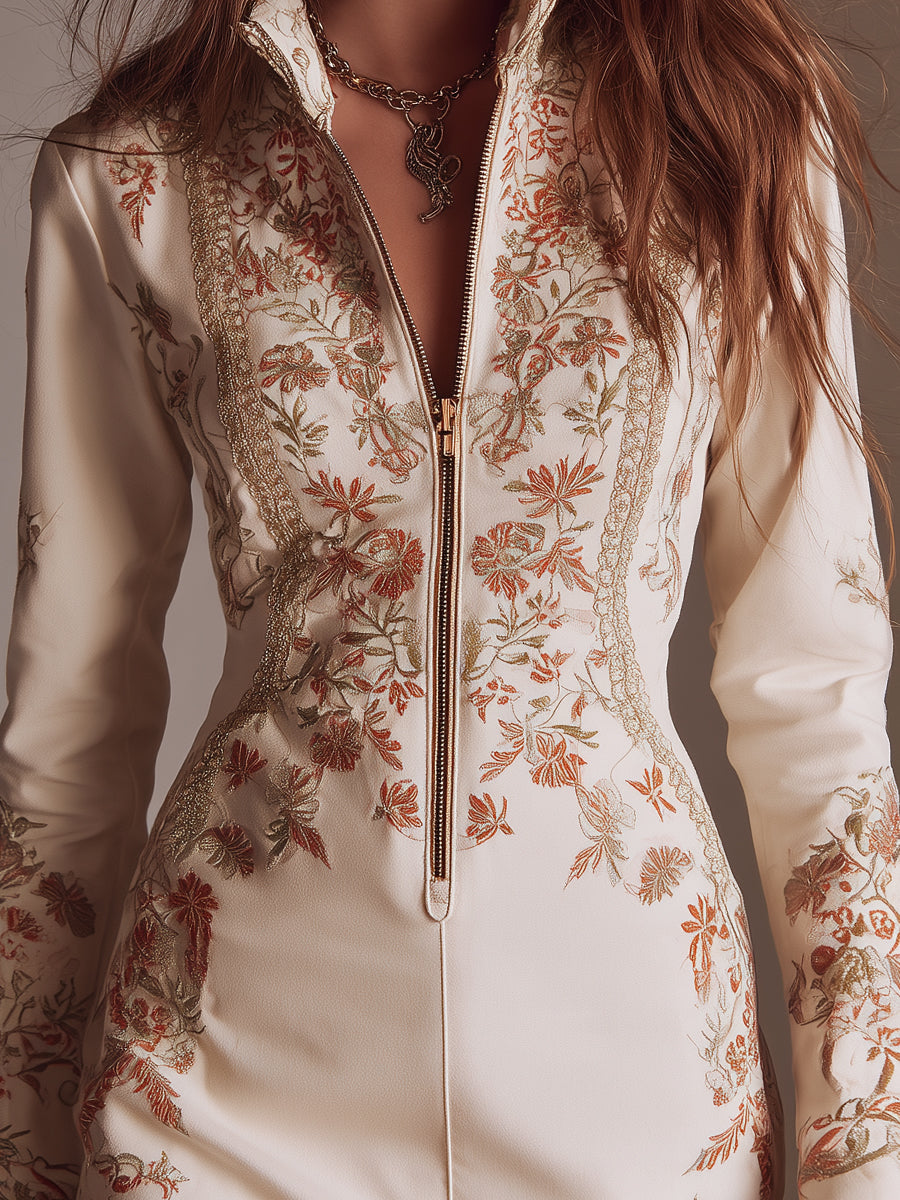 Retro Printed Webbing Embellished Half-zip Mini Dress