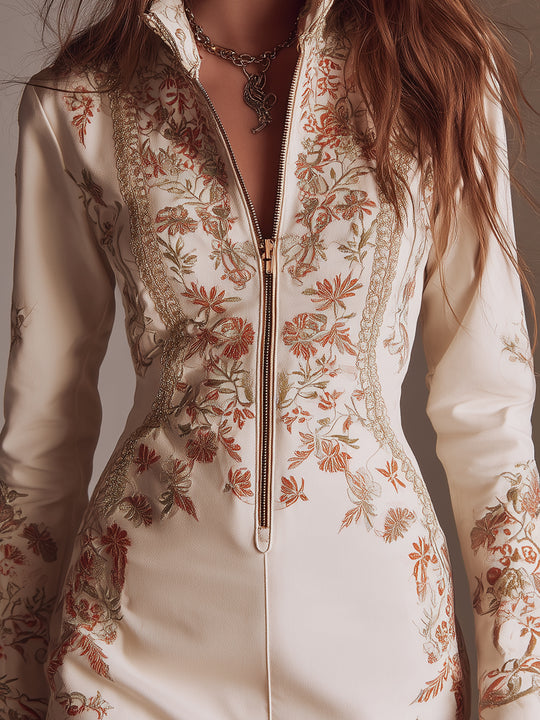 Retro Printed Webbing Embellished Half-zip Mini Dress