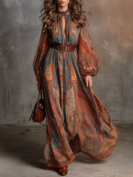 Bohemian Ethnic Style Printed Keyhole Collar Maxi Dress