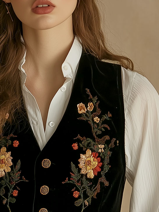 Floral Embroidery Single-breasted Velvet Waistcoat