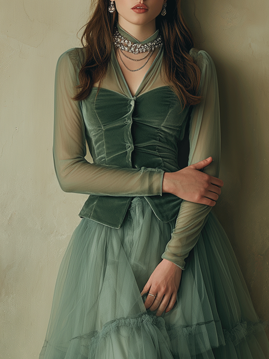 Elegant Retro Style Sheer Layered Velvet Dress Set