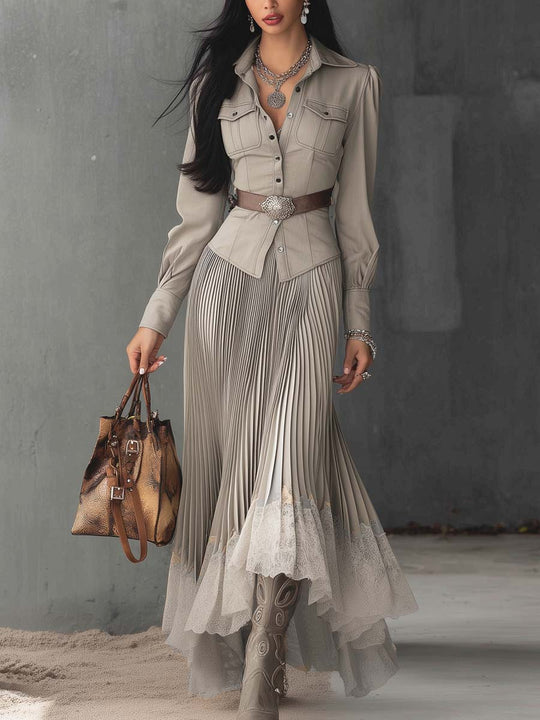 Retro Pleated Lace Hem Shirt And Skirt Two-piece Set