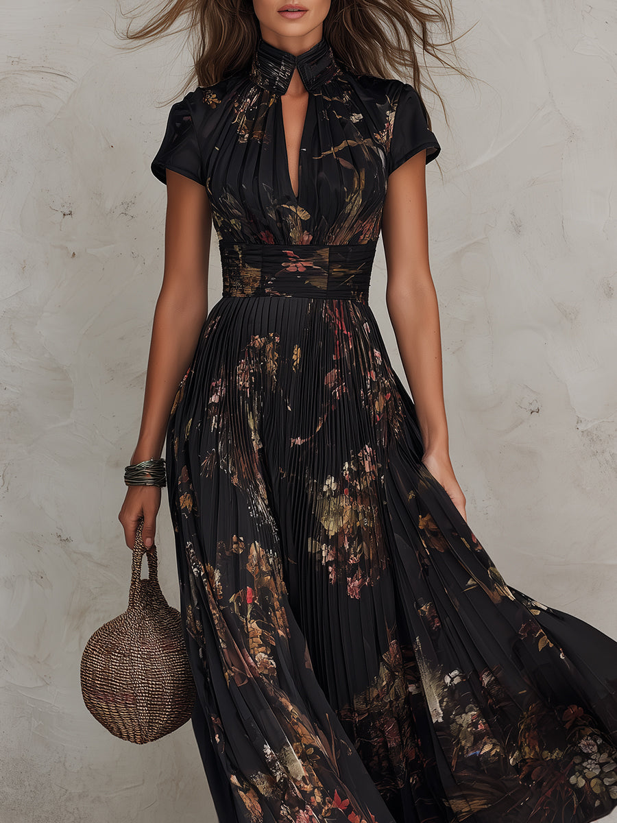Retro Floral Print Pleated Keyhole Collar Maxi Dress