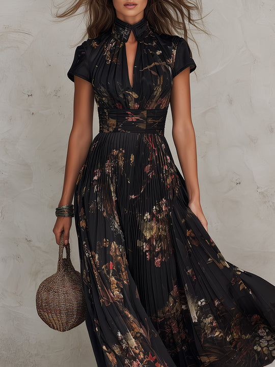 Retro Floral Print Pleated Keyhole Collar Maxi Dress