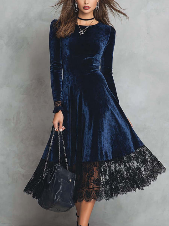 Retro Round Neck Wide Lace Hem Midi Dress