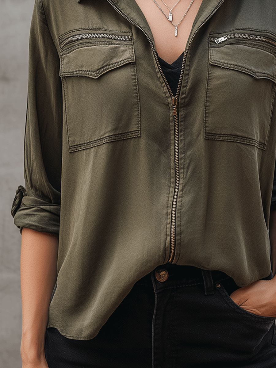 Minimalist Urban Cargo-Chic Zip In Olive Shirt