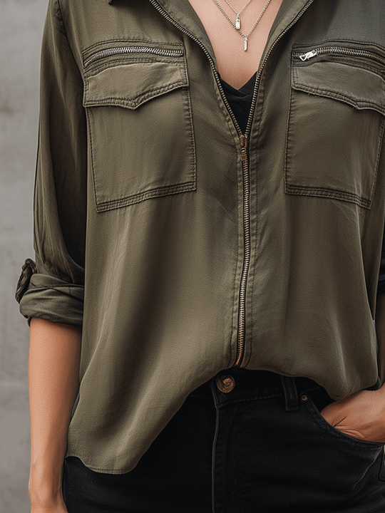 Minimalist Urban Cargo-Chic Zip In Olive Shirt